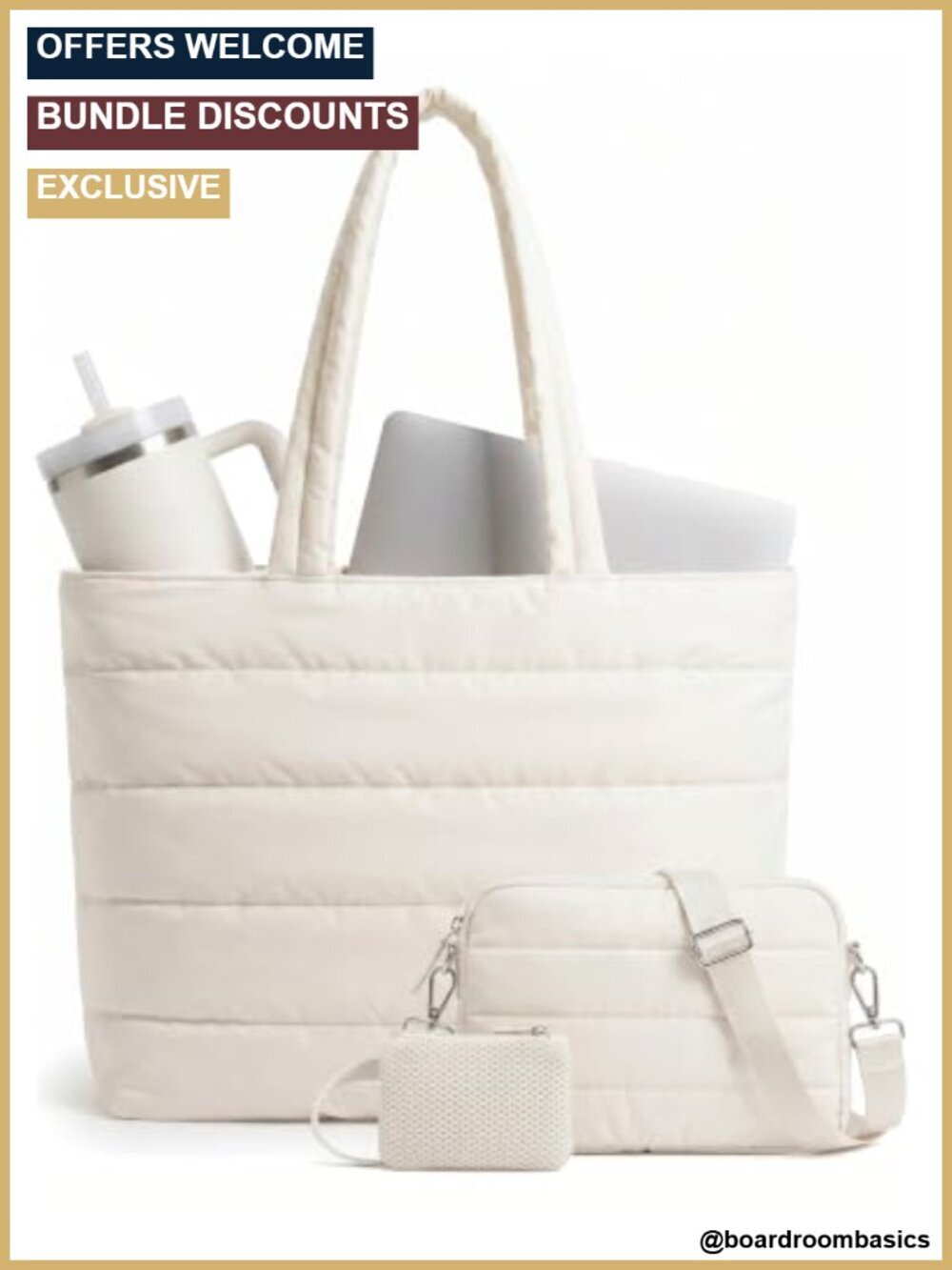 3-Piece Puffer Tote Bag Set with Laptop Sleeve, Crossbody, Earbud Pouch,